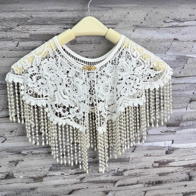 Șal cu ciucuri de perle și veste din dantelă, design cu umeri norului, dantelă monocromă, fir poliesteric, detalii lucrate manual