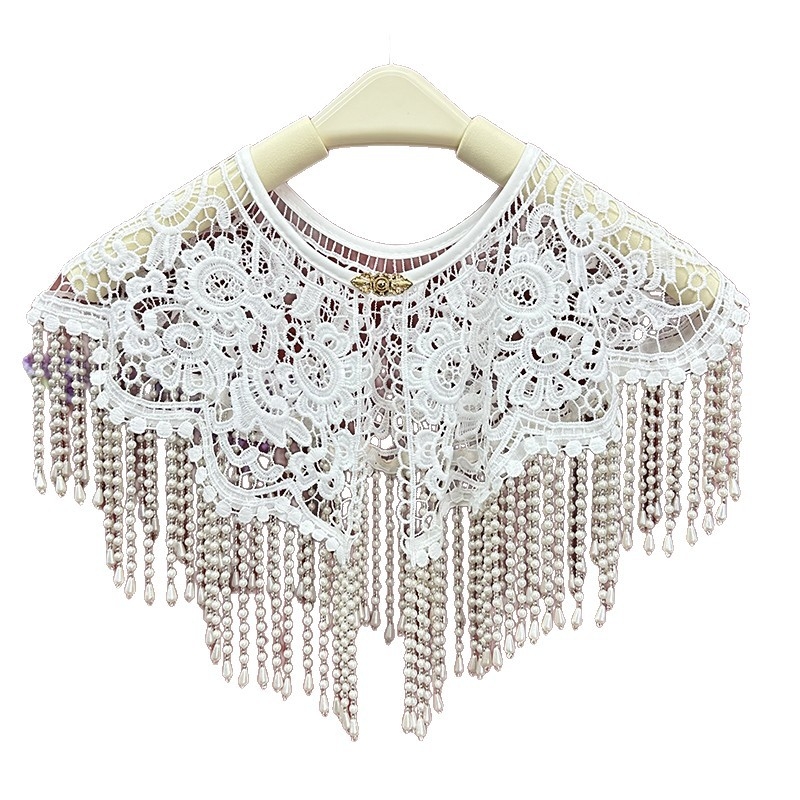 Șal cu ciucuri de perle și veste din dantelă, design cu umeri norului, dantelă monocromă, fir poliesteric, detalii lucrate manual