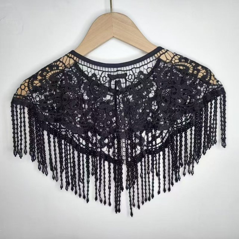 Șal cu ciucuri de perle și veste din dantelă, design cu umeri norului, dantelă monocromă, fir poliesteric, detalii lucrate manual