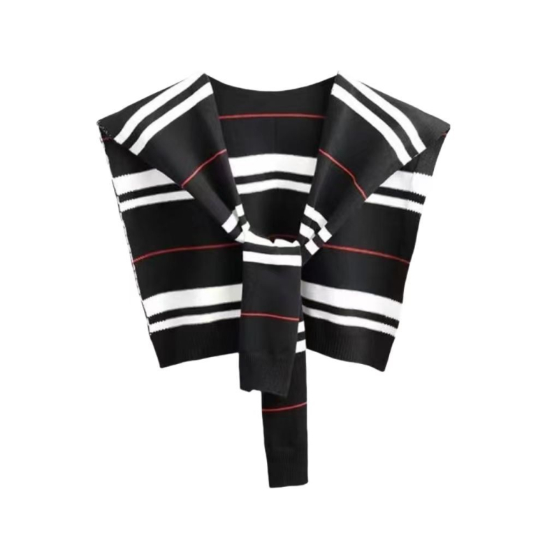 Vilnonis megztas šalikų aksesuaras — klasikinis languotas dizainas, liemenė-šalikas, Modelis 19, vasarai, pavasariui ir rudeniui