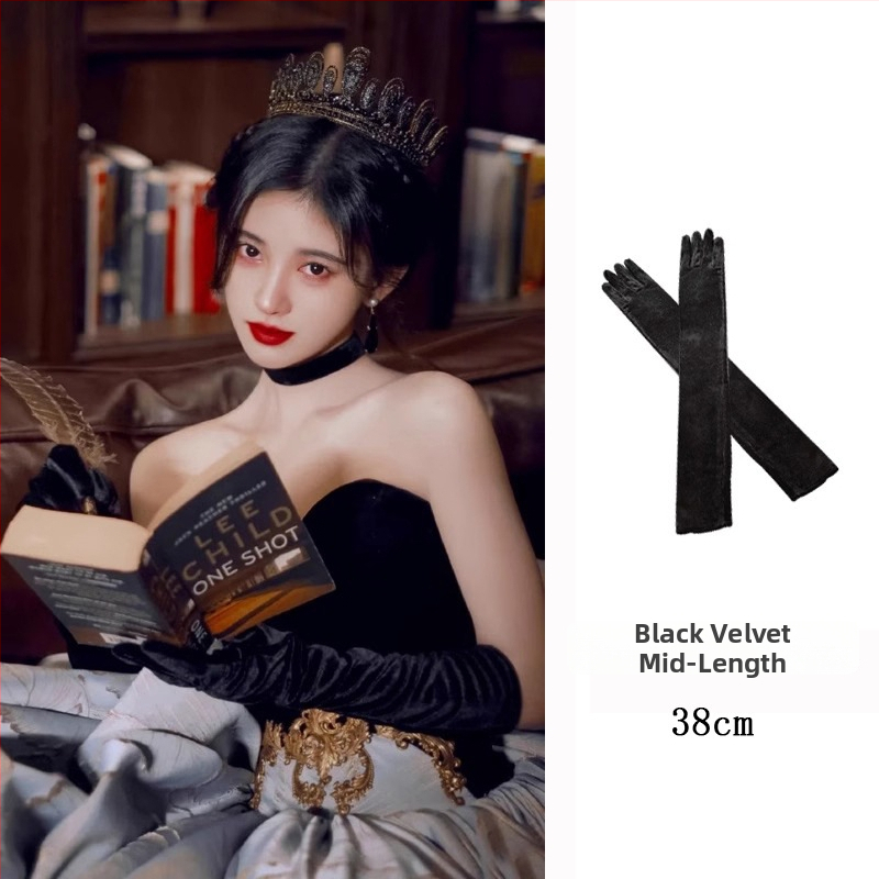 Moterų ilgos velūro pirštinės – elastinės, skirtos pasirodymams ir aprangai, tinkamos žiemai, pavasariui ir rudeniui