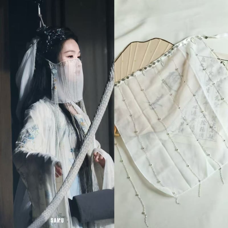 Hanfu în stil antic cu voal și acoperire a feței, cu design care atârna de la ureche – respirabil, protecție UV, rezistent la vânt, repelent pentru insecte