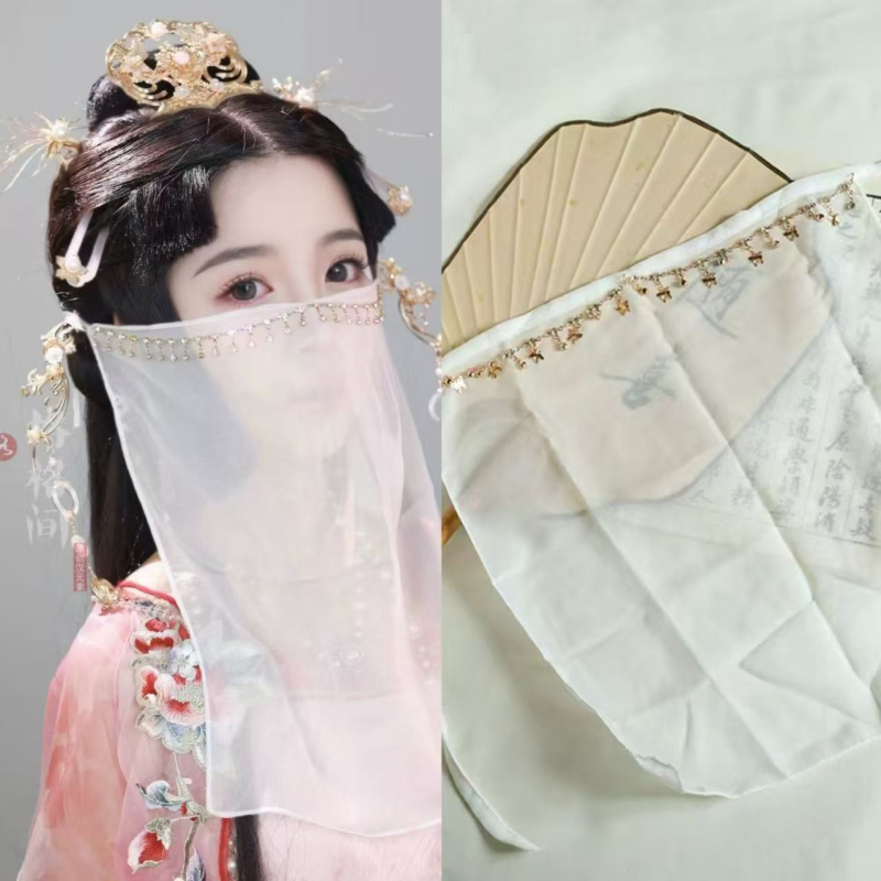 Hanfu în stil antic cu voal și acoperire a feței, cu design care atârna de la ureche – respirabil, protecție UV, rezistent la vânt, repelent pentru insecte