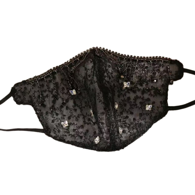 Nėrinių veido kaukė, džakardo siuvimas, ausų kilpelė, saulės apsauga (medžiaga: nėriniai; apdorojimas: džakardas; raštas: taškų tipas; sezonas: vasara 2025; stilius: saldus)