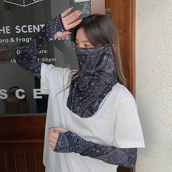 Dviejų dalių Ice Silk rankovės ir veido kaukė vasarai – kvėpuojančios, apsauga nuo saulės, dulkių atsparumas; medžiaga: poliesteris Ice Silk 51–60%