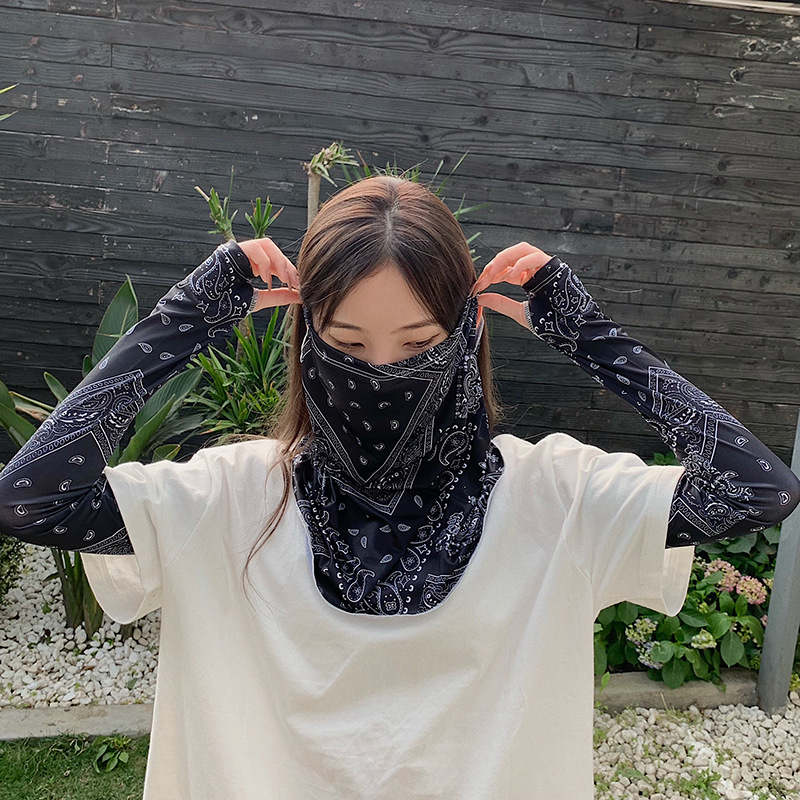 Dviejų dalių Ice Silk rankovės ir veido kaukė vasarai – kvėpuojančios, apsauga nuo saulės, dulkių atsparumas; medžiaga: poliesteris Ice Silk 51–60%