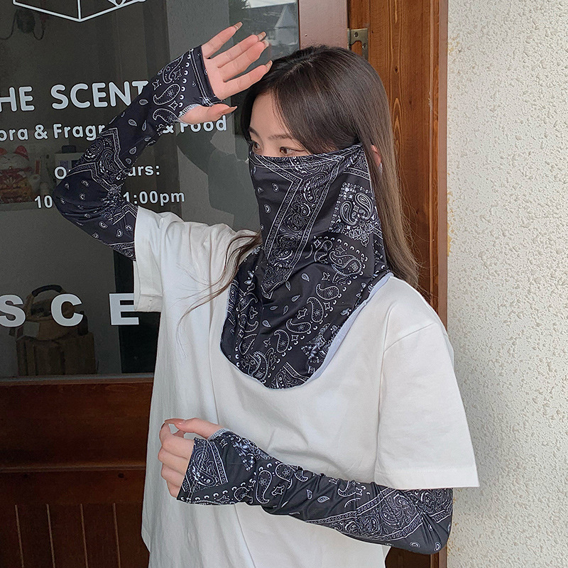 Dviejų dalių Ice Silk rankovės ir veido kaukė vasarai – kvėpuojančios, apsauga nuo saulės, dulkių atsparumas; medžiaga: poliesteris Ice Silk 51–60%