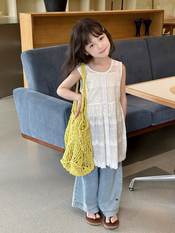 Dječja ljetna haljina s čipkom jacquard overlay, bez rukava, A‑linijski kroj, 100% pamuk šiv