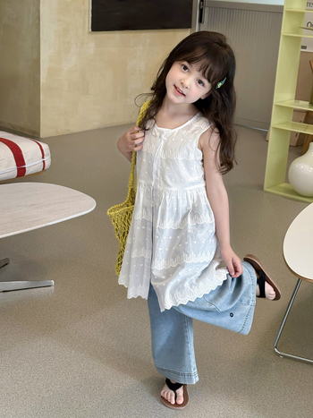 Dječja ljetna haljina s čipkom jacquard overlay, bez rukava, A‑linijski kroj, 100% pamuk šiv