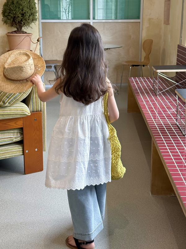 Dječja ljetna haljina s čipkom jacquard overlay, bez rukava, A‑linijski kroj, 100% pamuk šiv