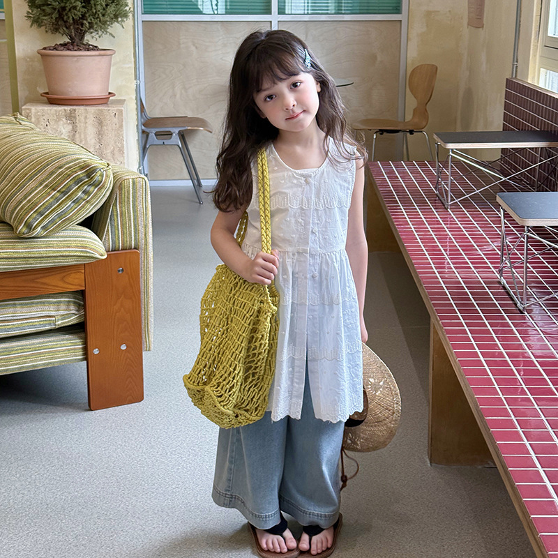 Dječja ljetna haljina s čipkom jacquard overlay, bez rukava, A‑linijski kroj, 100% pamuk šiv