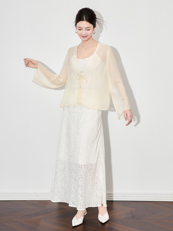 Georgette kardigán fűzőzáras elöl, ultra vékony, hosszú ujjú, UPF30+ napsugárvédelem