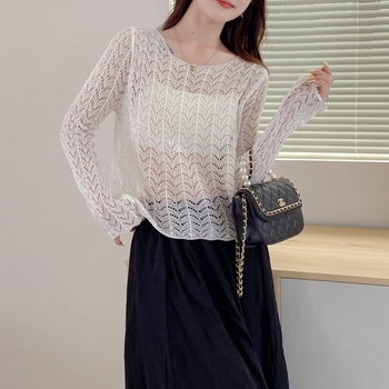 Korejos stiliaus skylėtas mezginio topas su saulės apsauga UPF30+, plonas poliesteris, ilgos rankovės