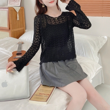 Korejos stiliaus skylėtas mezginio topas su saulės apsauga UPF30+, plonas poliesteris, ilgos rankovės