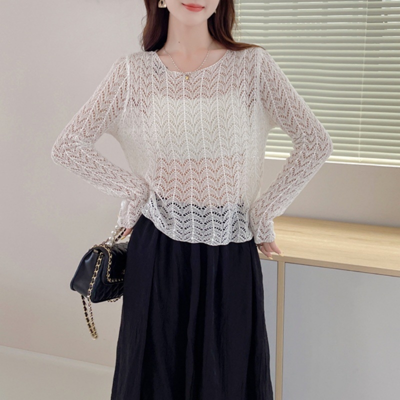 Korejos stiliaus skylėtas mezginio topas su saulės apsauga UPF30+, plonas poliesteris, ilgos rankovės