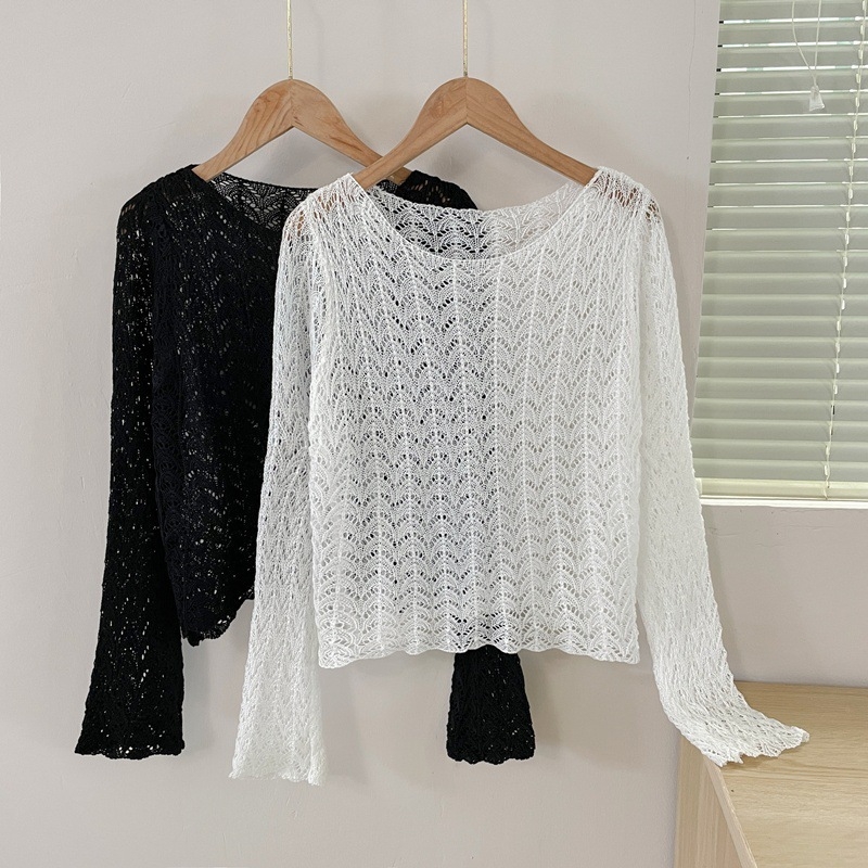 Korejos stiliaus skylėtas mezginio topas su saulės apsauga UPF30+, plonas poliesteris, ilgos rankovės