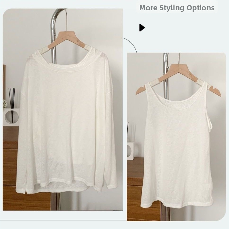 Dviejų dalių komplektas: be rankovių liemenė ir ilga rankovė marškinėliai moterims, poliesteris ≥95% + spandeksas, plonas audinys, UPF30+ saulės apsauga, tiesus kirpimas, vienos spalvos