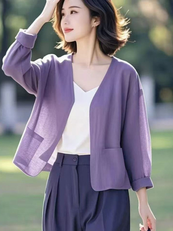 Plonas medvilnės-lineto kardiganas be sagų, laisvas kirpimas, 3/4 rankovės, UPF30+, ilgis 50-65 cm, pavasaris 2025