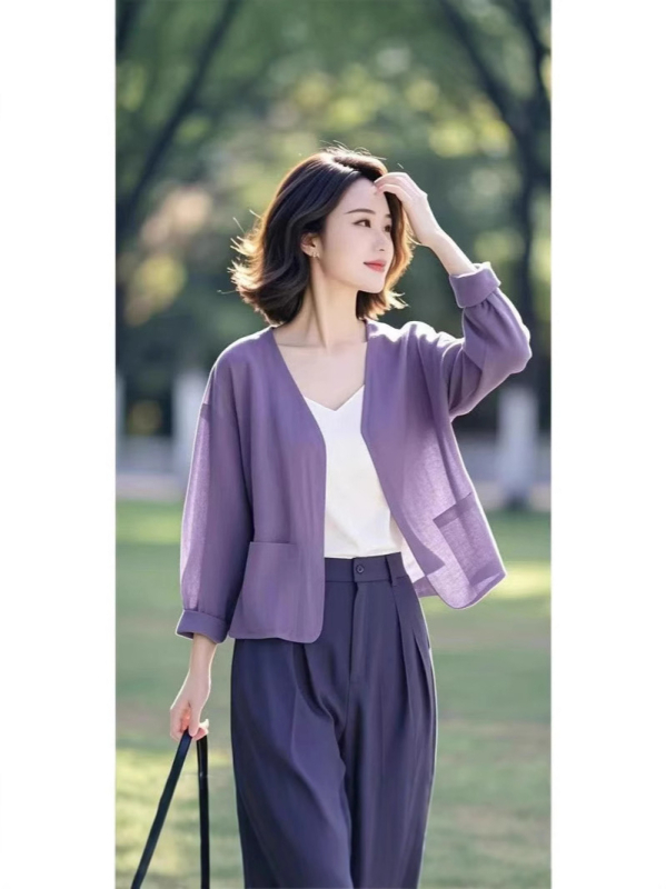 Plonas medvilnės-lineto kardiganas be sagų, laisvas kirpimas, 3/4 rankovės, UPF30+, ilgis 50-65 cm, pavasaris 2025