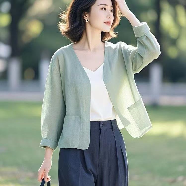 Plonas medvilnės-lineto kardiganas be sagų, laisvas kirpimas, 3/4 rankovės, UPF30+, ilgis 50-65 cm, pavasaris 2025