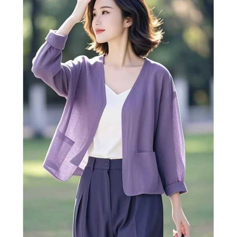 Plonas medvilnės-lineto kardiganas be sagų, laisvas kirpimas, 3/4 rankovės, UPF30+, ilgis 50-65 cm, pavasaris 2025