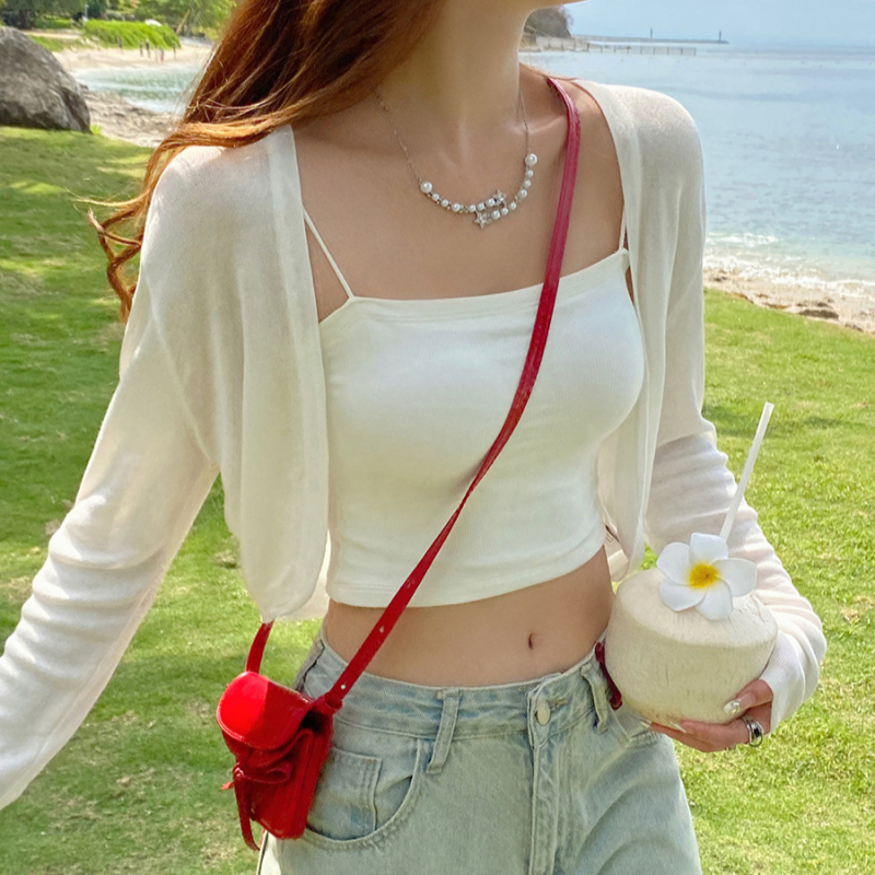 Moterų saulės apsaugos megztinis, lengvas plonas megztinis, trumpas ilgis, 2025 m. vasara, UPF30+, japonų ir korėjiečių laisvalaikio stilius