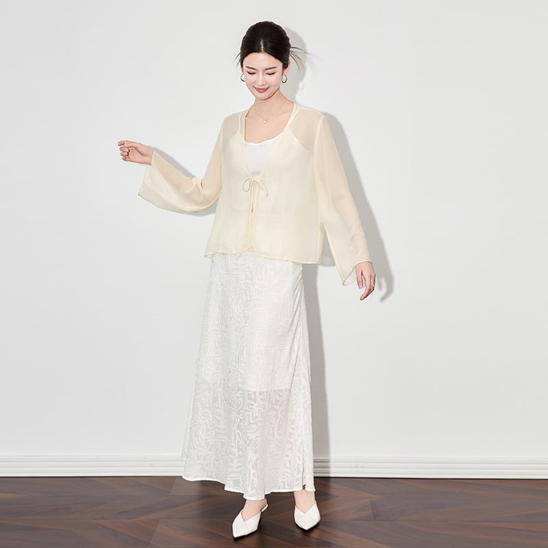 Georgette kardiganas su raišteliu užsegimu, ilgos rankovės, UPF30+, įprastas ilgis