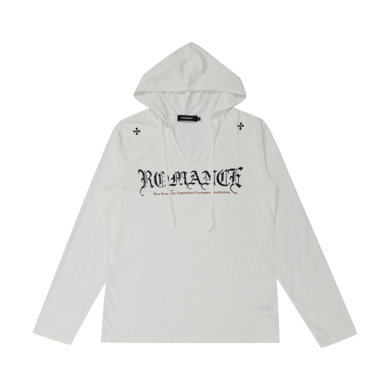 Kapučiuotos ilgos rankovės topas, laisvas kirpimas, raidėmis spausdintas, medvilnės-poliesterio audinys, UPF 30+