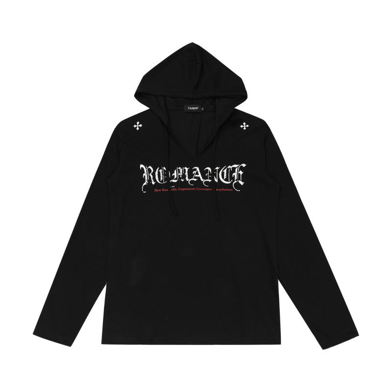 Kapučiuotos ilgos rankovės topas, laisvas kirpimas, raidėmis spausdintas, medvilnės-poliesterio audinys, UPF 30+