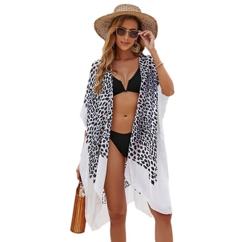 Kimono lejer pentru plajă pentru bikini, imprimeu gradient leopard, material mătase artificială, poliester, protecție solară