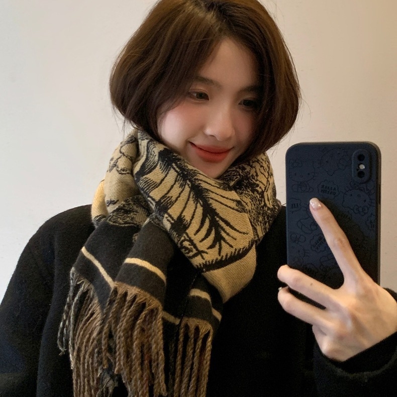 Дамски зимен шал с ресни, изкуствен кашмир, плетен материал, запазва топлината