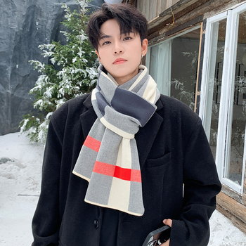 Șal bărbătesc tricotat în carouri, cald pentru iarnă, poliester, țesătură simplă, yarn-dyed