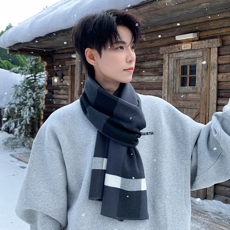 Șal bărbătesc tricotat în carouri, cald pentru iarnă, poliester, țesătură simplă, yarn-dyed