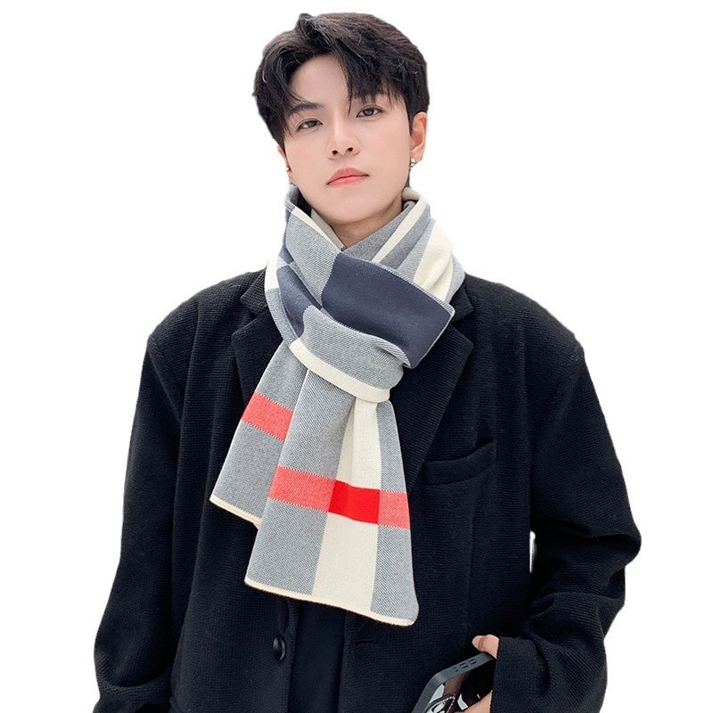 Șal bărbătesc tricotat în carouri, cald pentru iarnă, poliester, țesătură simplă, yarn-dyed