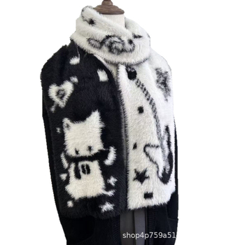 Șal dublu față cu blană artificială de nurcă, stil japonez și coreean, tricotat din poliester, cald pentru iarnă, dimensiune 190×20 cm