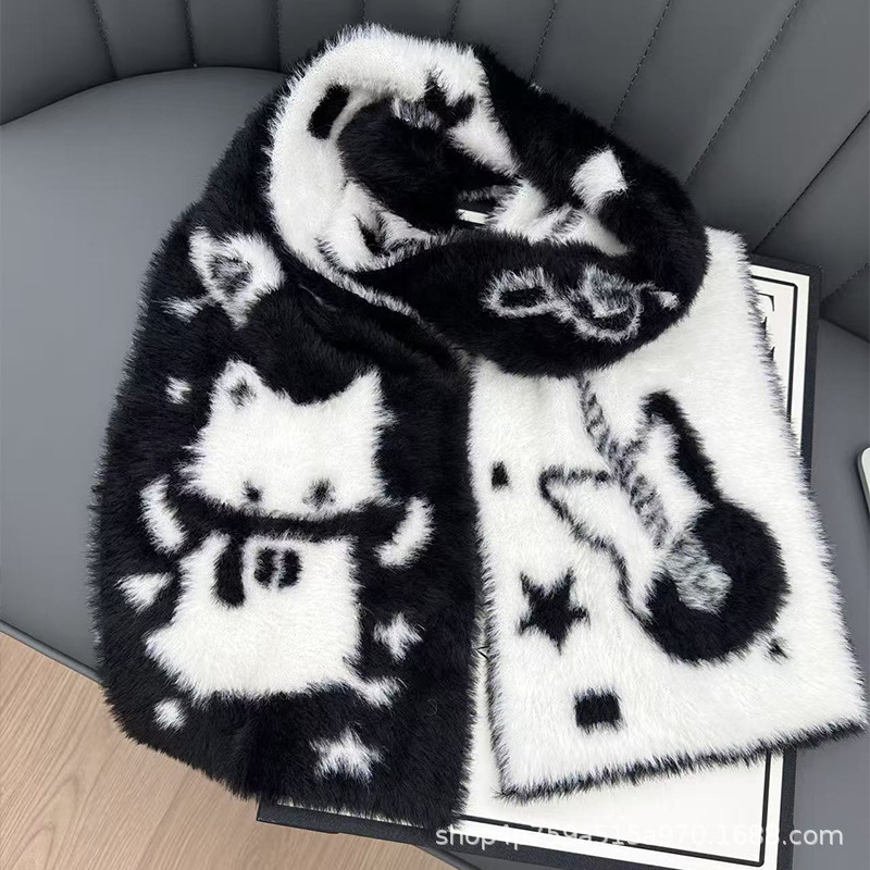 Șal dublu față cu blană artificială de nurcă, stil japonez și coreean, tricotat din poliester, cald pentru iarnă, dimensiune 190×20 cm