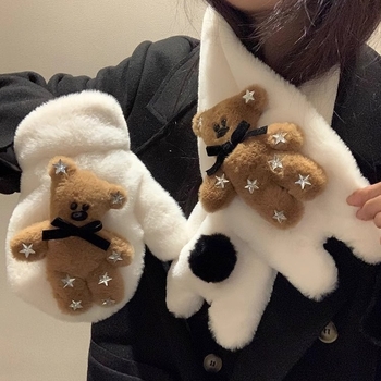 Zimski šal s plišanim medvjedom Teddy, set šala i rukavica, topao i otporan na vjetar, umjetna krzna, warp pletenje