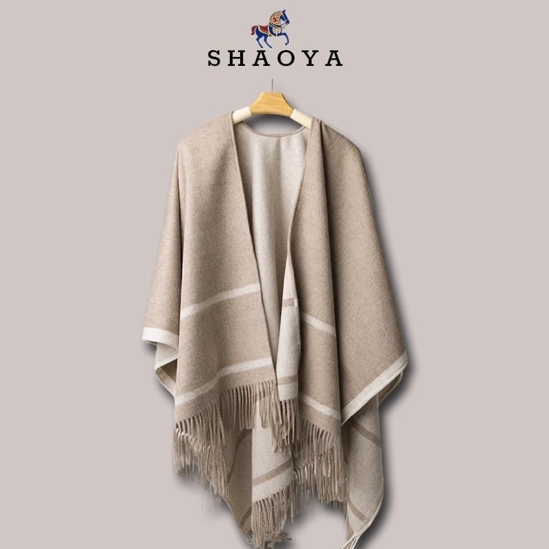 Ženský vlnený šál-plášť – 100% vlna, geometrický vzor, warp knitting, šírka 150 cm, udržiava teplo