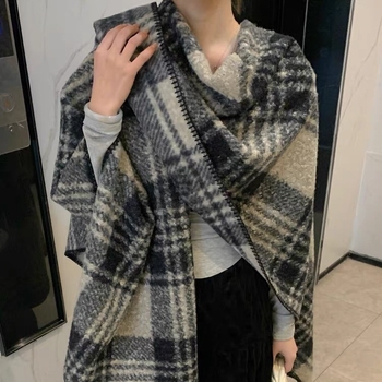 Ženski kaput s ovratnikom-šalom, satenska tkanina, pletene na ravnom pletenju, Jacquard, karirani uzorak, zadržava toplinu