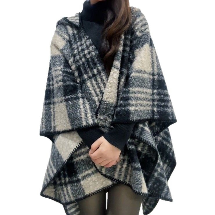 Ženski kaput s ovratnikom-šalom, satenska tkanina, pletene na ravnom pletenju, Jacquard, karirani uzorak, zadržava toplinu