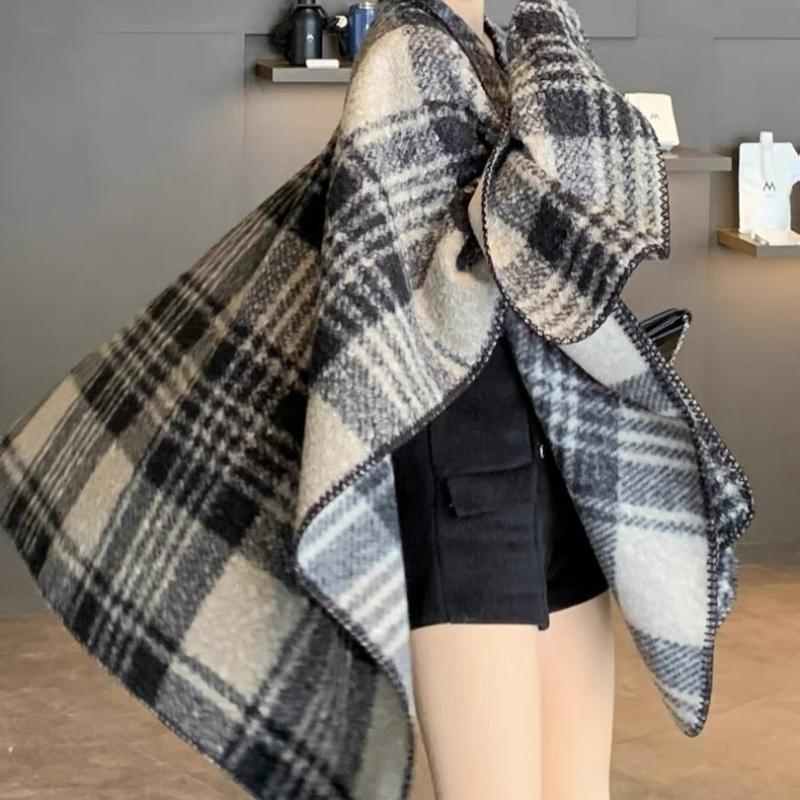 Ženski kaput s ovratnikom-šalom, satenska tkanina, pletene na ravnom pletenju, Jacquard, karirani uzorak, zadržava toplinu