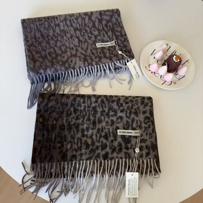 Леопардов принт вълнен шал с пискюли, 100% вълна, плетен, зимна топлина