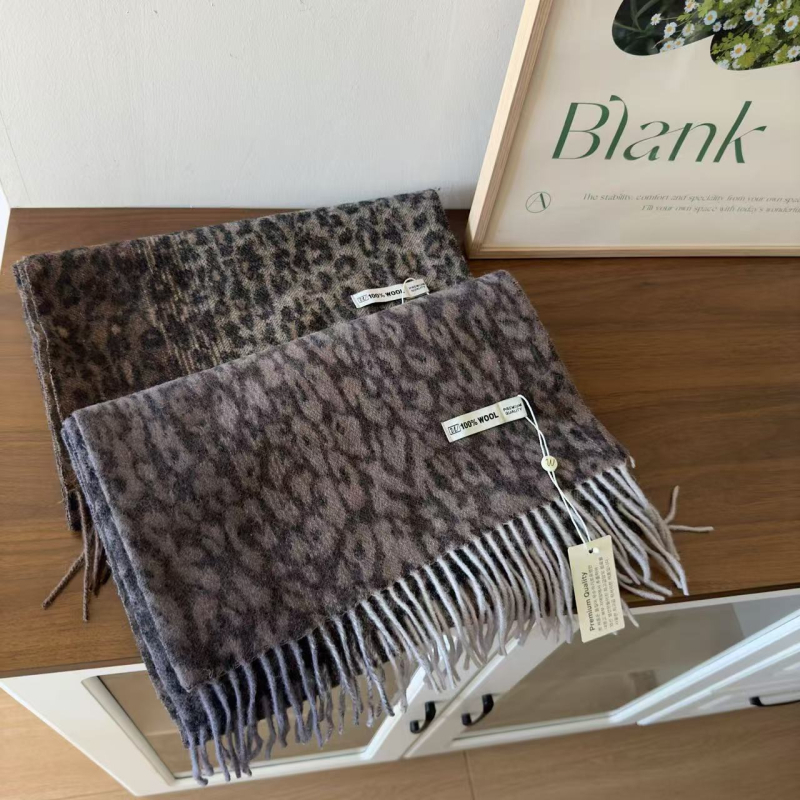 Леопардов принт вълнен шал с пискюли, 100% вълна, плетен, зимна топлина