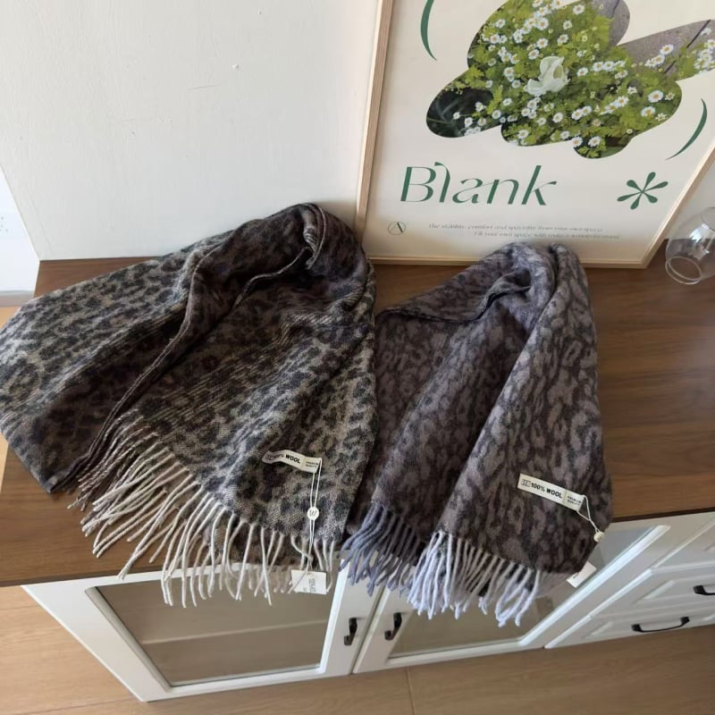 Леопардов принт вълнен шал с пискюли, 100% вълна, плетен, зимна топлина