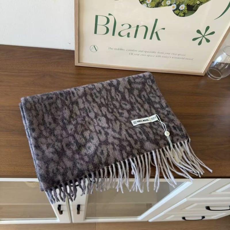 Леопардов принт вълнен шал с пискюли, 100% вълна, плетен, зимна топлина