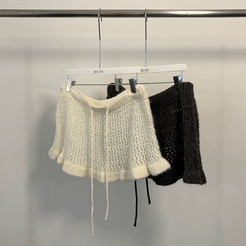 Moteriški trumpi mohair megztiniai sijonai su perforuotu dizainu, raištis ir elastinė juosta, sluoksniuota megzimo išvaizda