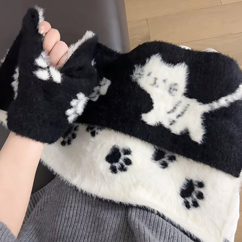 Ženski dvostrani šal s motom mačjih šapa, warp-knit pletenje, osnovna vlakna, zadržava toplinu, zimsko razdoblje.
