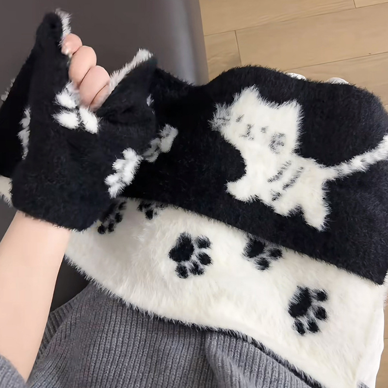 Ženski dvostrani šal s motom mačjih šapa, warp-knit pletenje, osnovna vlakna, zadržava toplinu, zimsko razdoblje.