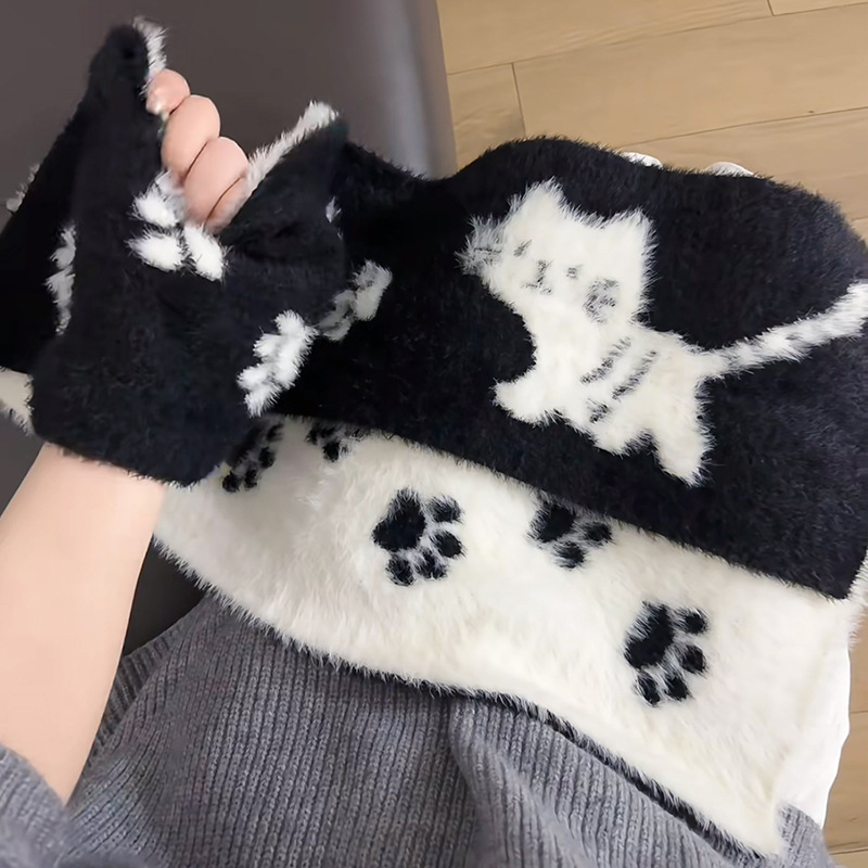 Ženski dvostrani šal s motom mačjih šapa, warp-knit pletenje, osnovna vlakna, zadržava toplinu, zimsko razdoblje.