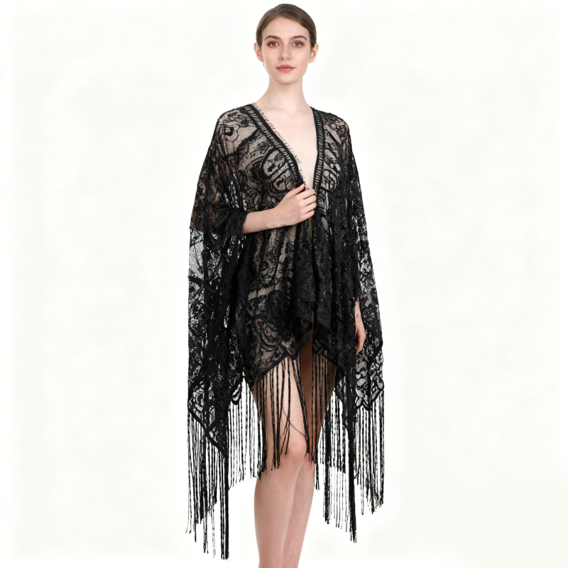 Čipkasti kardigan-šal s kapuljom, poliester, žakardna obrada